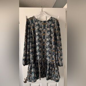 Caslon Teal Green Floral Blouse with White & Mustard Accents